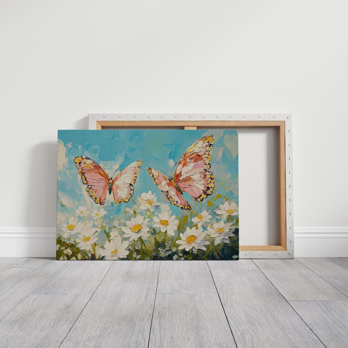 Vibrant Butterflies Fluttering Above Daisies In A Textured Painting Style Against A Bright Blue Sky - Image 5