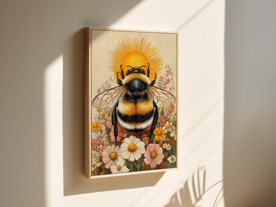 Sunlit Bee And Wildflowers Wall Art Vibrant Nature Print For Kitchen Living Room Or Nursery Botanical Home Decor