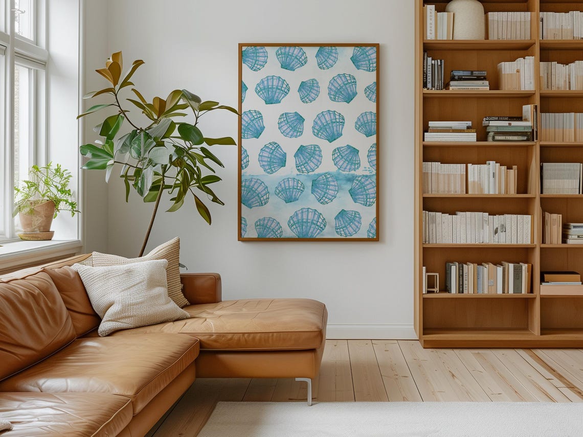 Aqua Watercolor Seashell Pattern White Coastal Nautical Wall Poster - Image 4