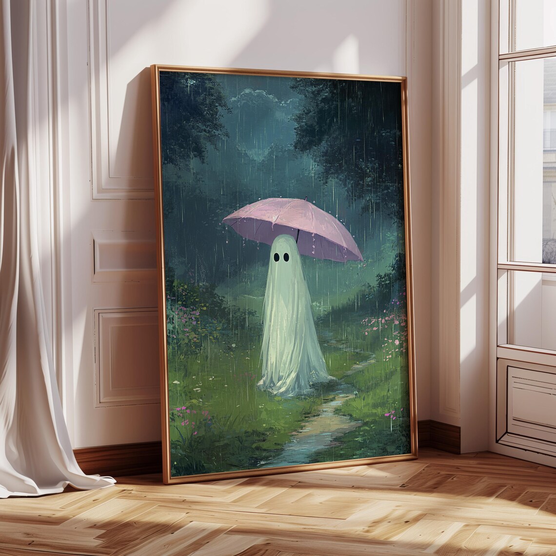Ghost With Pink Umbrella, Moody Forest Art Print - Image 3