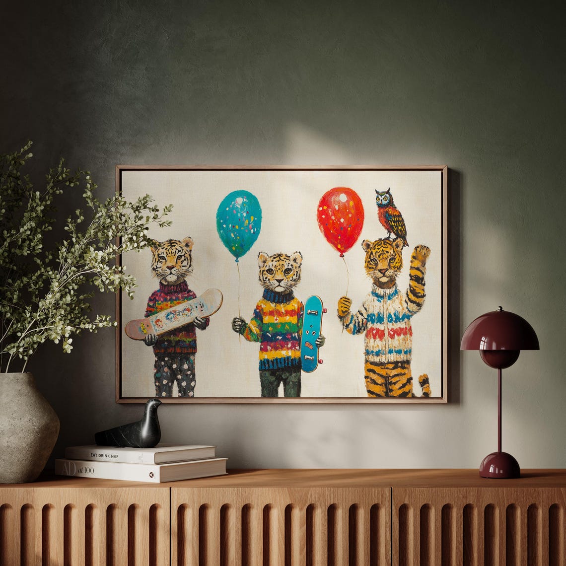 Whimsical Tigers In Sweaters With Balloons And Skateboards Kids Poster - Image 2
