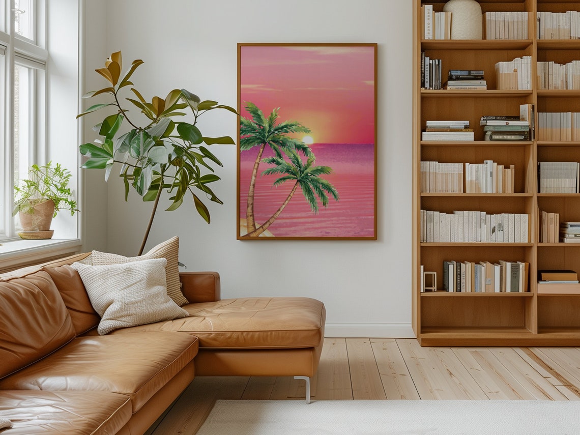 Retro 80s Pink Sunset Palm Trees Tropical Beach Ocean Neon Poster - Image 2