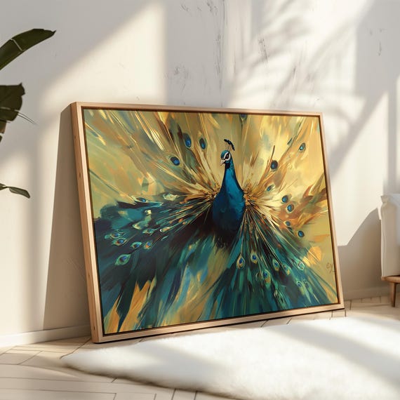 Bold Peacock Art Print Striking Peacock Wall Decor With Golden Accents Elegant Bird Painting For Home Or Office Spaces