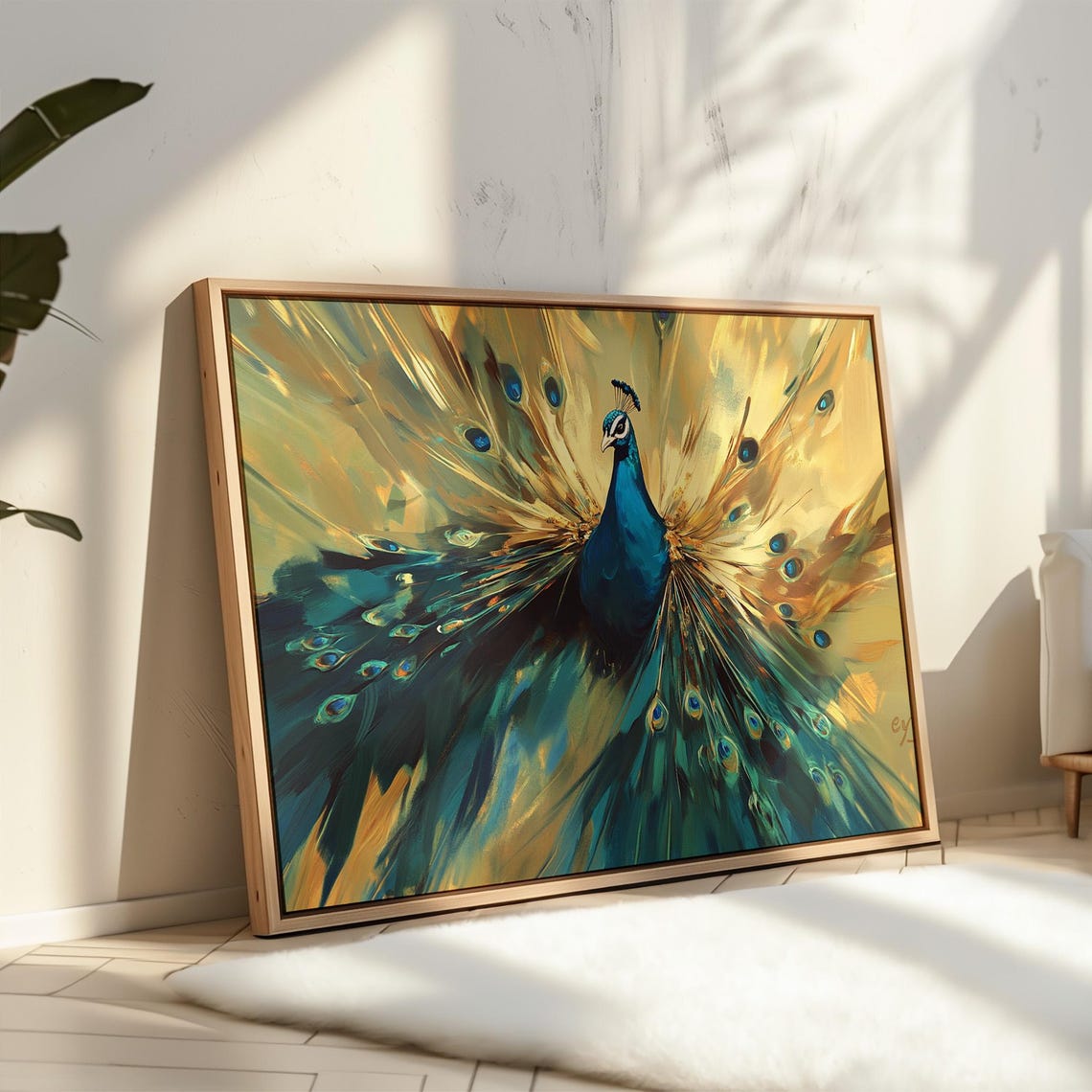 Bold Peacock Golden Teal Fanned Tail Striking Dramatic Bird Wall Art