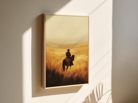 Lone Cowboy On Horseback Print Western Prairie Wall Art Rustic Ranch Decor Country Landscape Painting Wild West Artwork