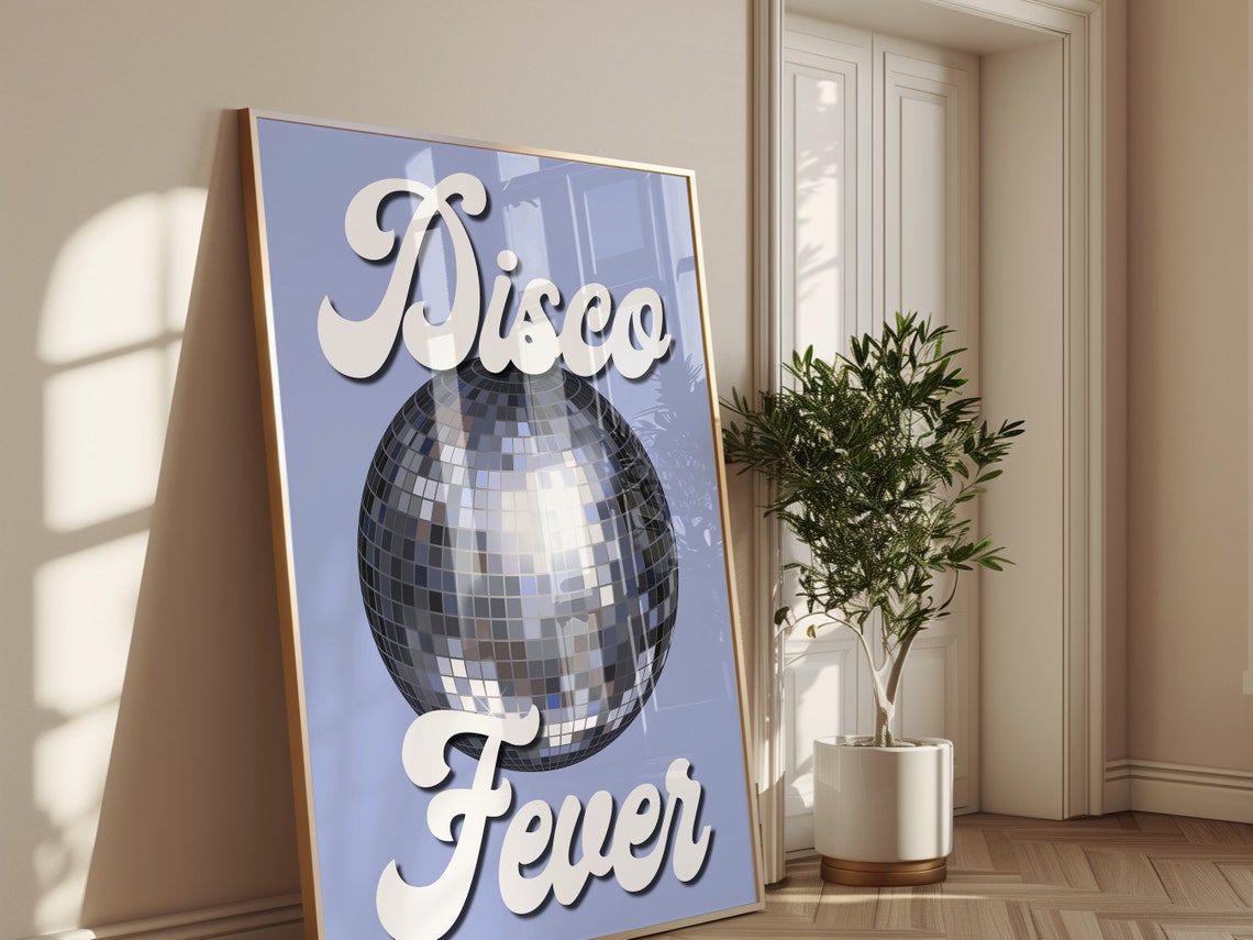 Disco Fever Script With Silver Disco Ball Retro Blue Music Wall Poster - Image 4