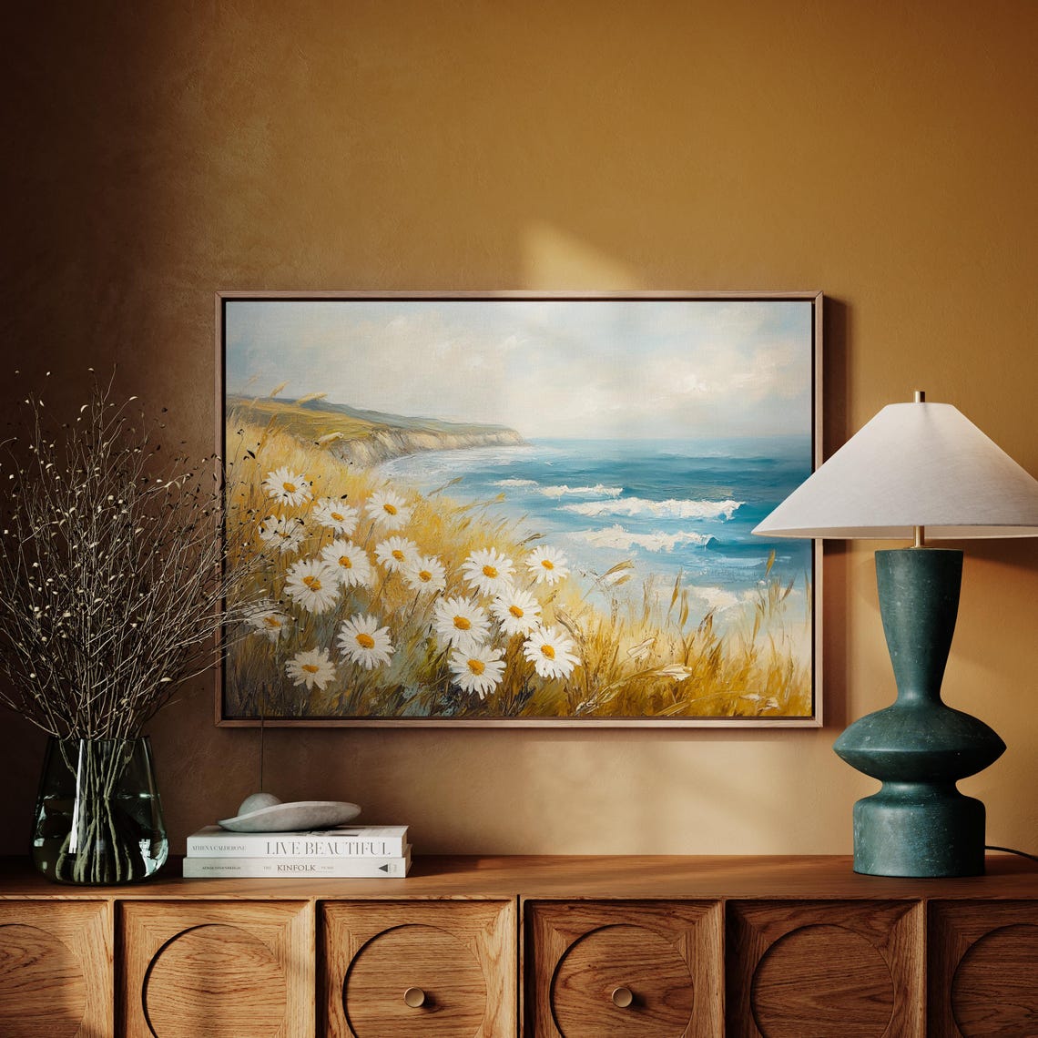 Coastal Daisy Meadow Golden Grass Cliffs Ocean View Seaside Print - Image 4