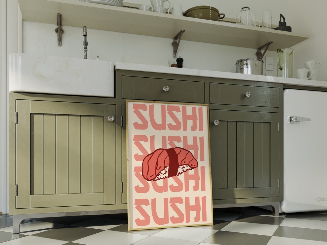 Nigiri Salmon Sushi Retro Typography Minimal Kitchen Dining Wall Art