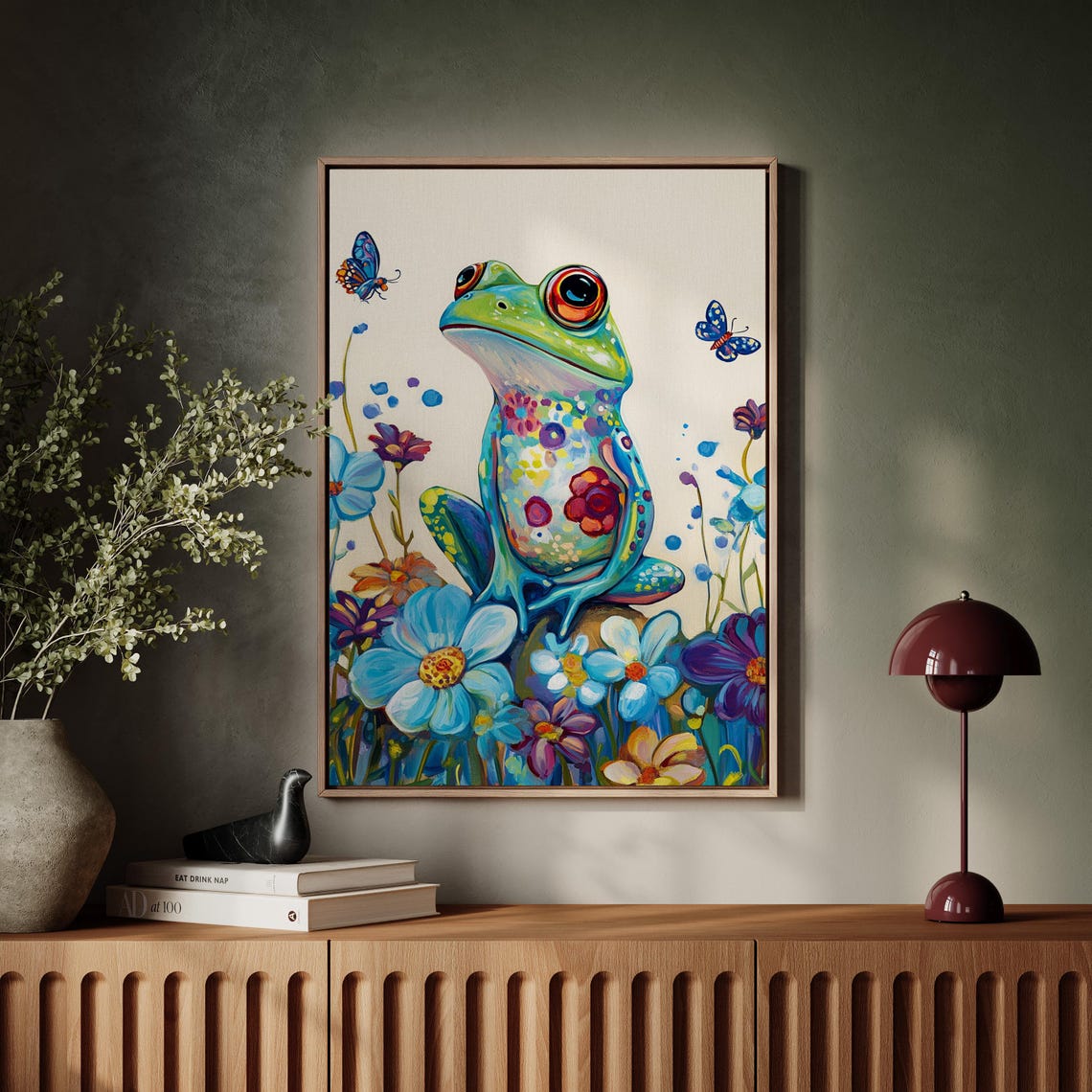 Colorful Frog With Flowers And Butterflies Whimsical Nature Art Print - Image 2