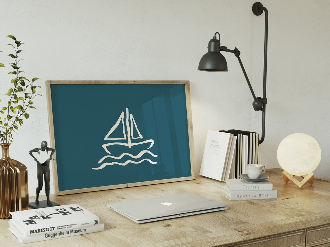 Minimalist Sailboat Line Art Cream Dark Teal Coastal Horizontal Poster - Image 4