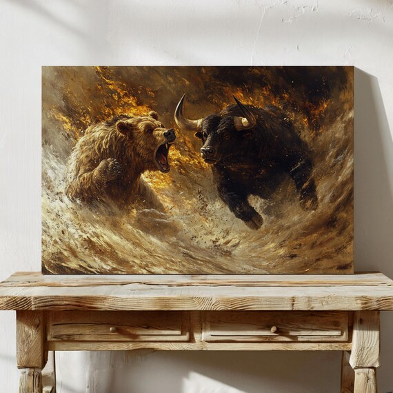 Bear And Bull Clash Dramatic Golden Stock Market Battle Art Print