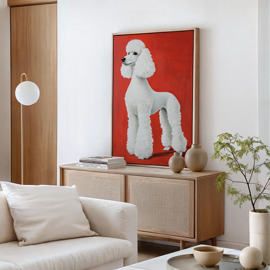 Elegant White Poodle Portrait Red Background Dog Wall Art Print - Image 3