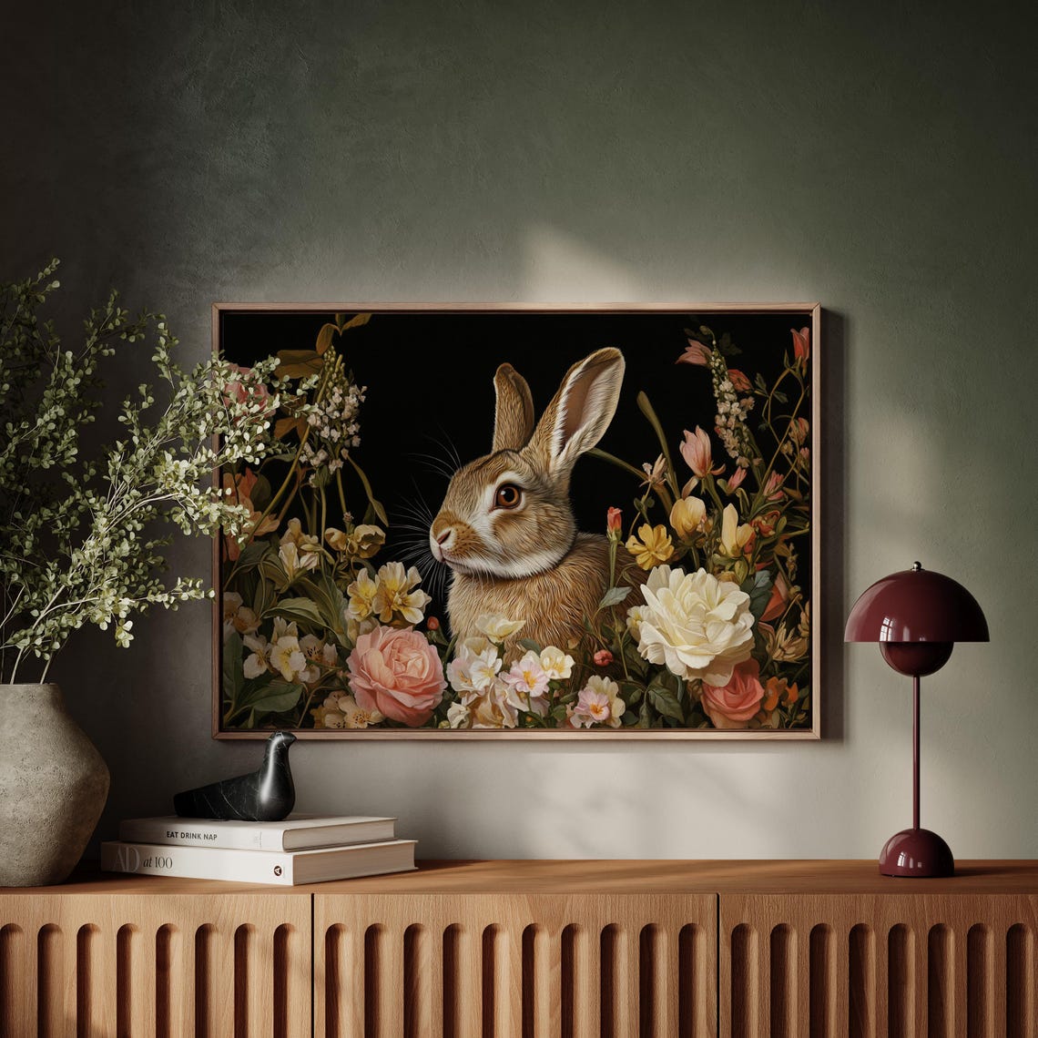 Rabbit Among Roses And Peonies Dark Botanical Floral Animal Art Print - Image 5
