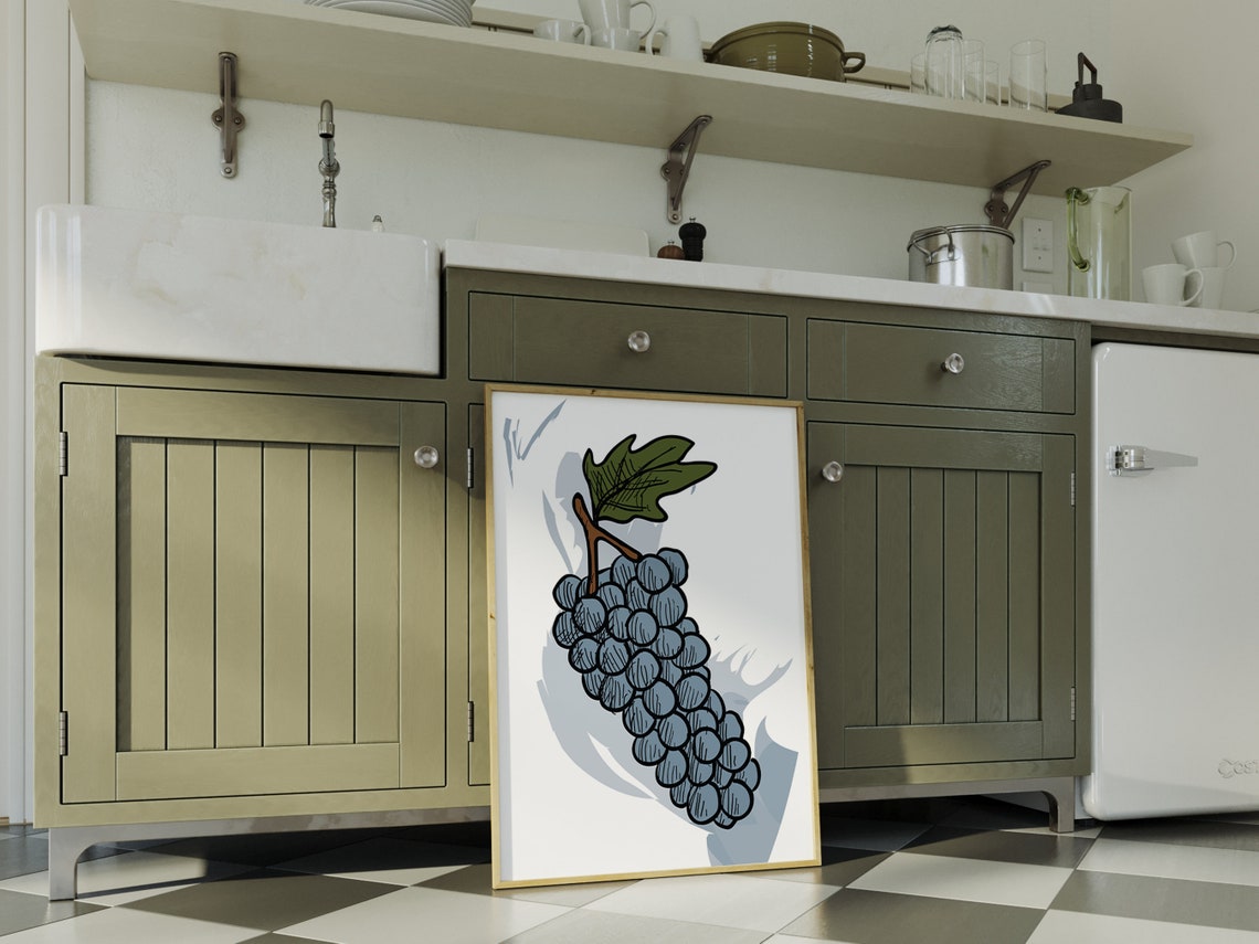 Grape Cluster Hand Drawn Sketch Blue Vine Kitchen Boho Fruit Wall Art - Image 2