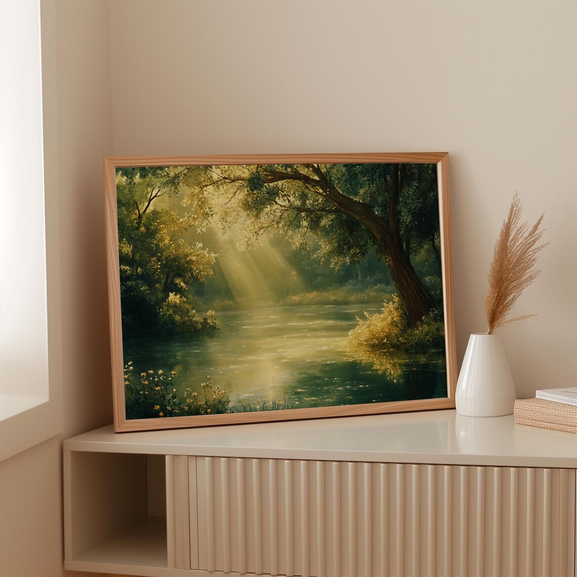 Golden Forest River, Peaceful Sunlit Landscape Art Print - Image 4