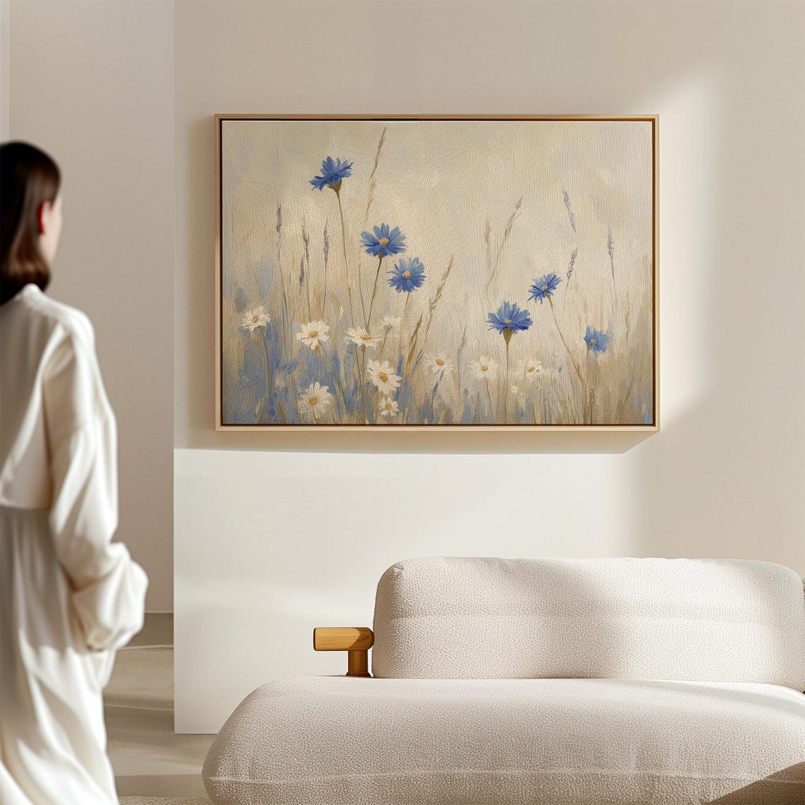 Blue Cornflowers And Daisies Soft Beige Wildflower Meadow Wall Art - Image 2