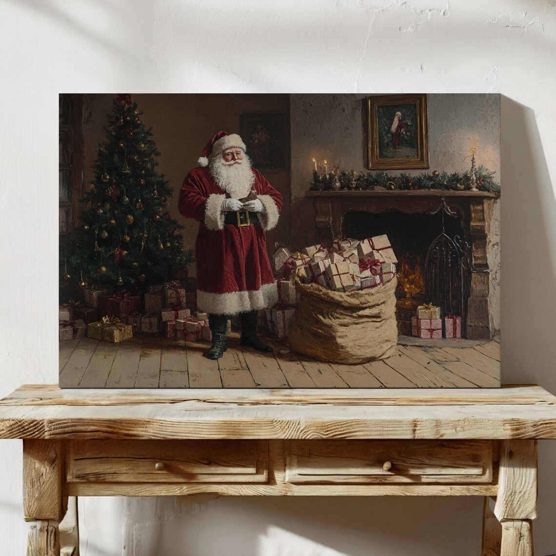 Traditional Santa Claus by Fireplace Cozy Christmas Gifts Poster - Image 2
