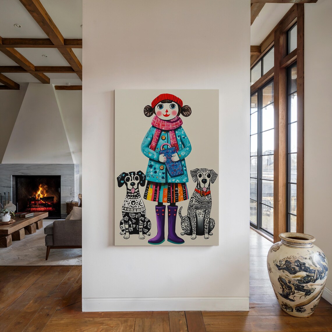Whimsical Girl With Two Dalmatian Dogs Colorful Folk Art Kids Poster - Image 3