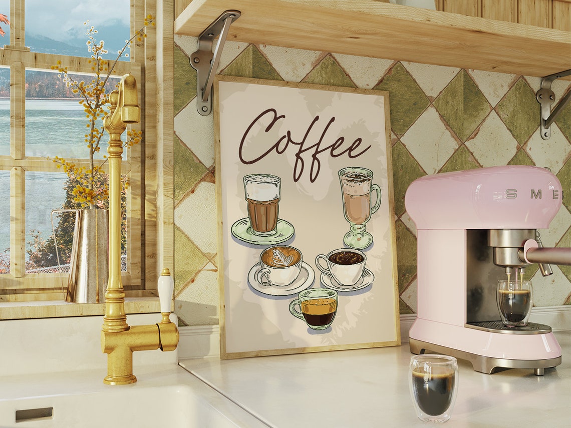 Coffee Bar Retro Script Five Coffee Cups Beige Kitchen Art Poster - Image 2