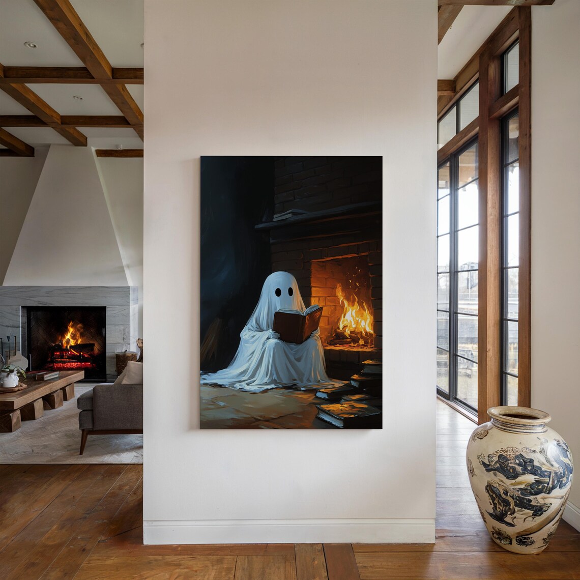 Cozy Ghost Reading By The Fireplace, Winter Gothic Art - Image 5