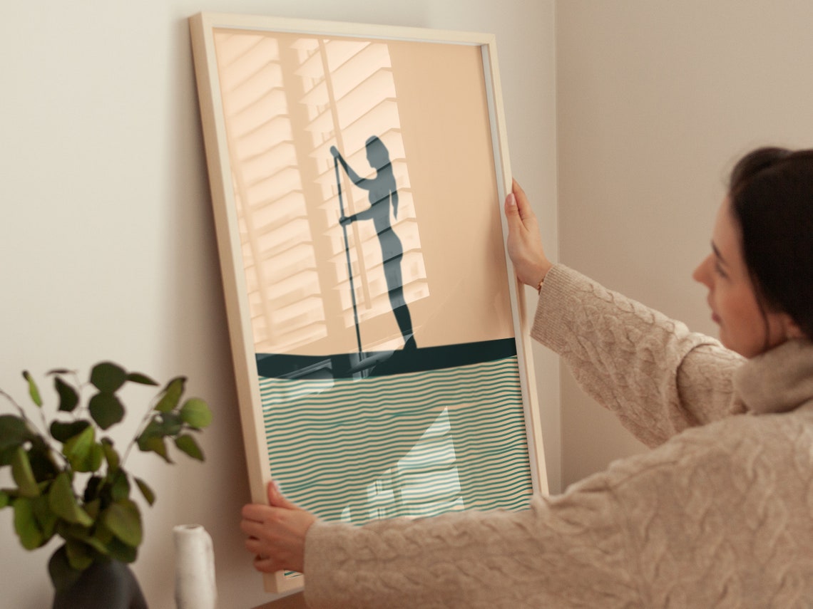 Boho Woman Paddleboard Dark Silhouette Blush Minimalist Sports Poster - Image 2