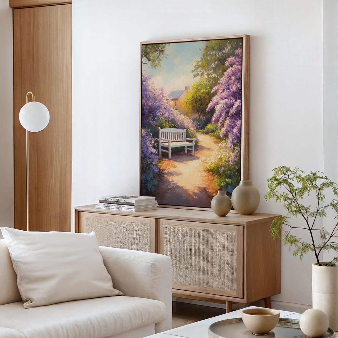 Sunlit Garden Bench Lilac Path Blooming Purple Flowers Spring Wall Art - Image 4