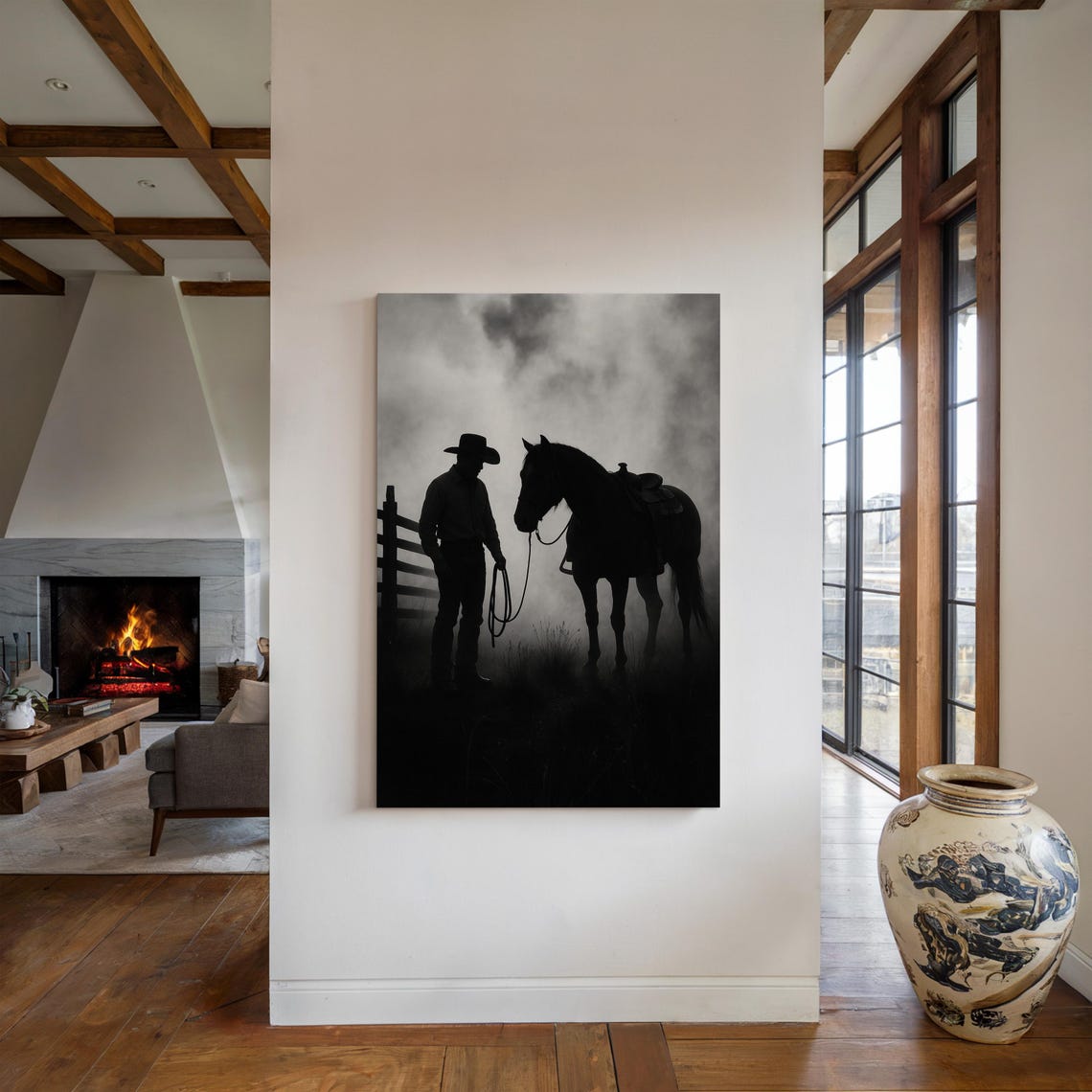Cowboy And Horse Silhouette, Western Noir Ranch Art Print - Image 5