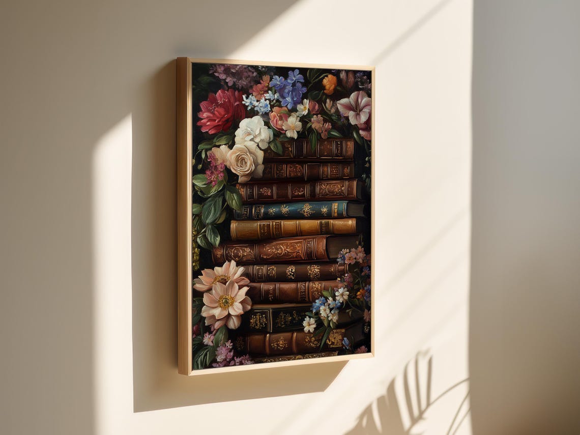 Vintage Book Tower Surrounded By Lush Florals Library Art Print - Image 4