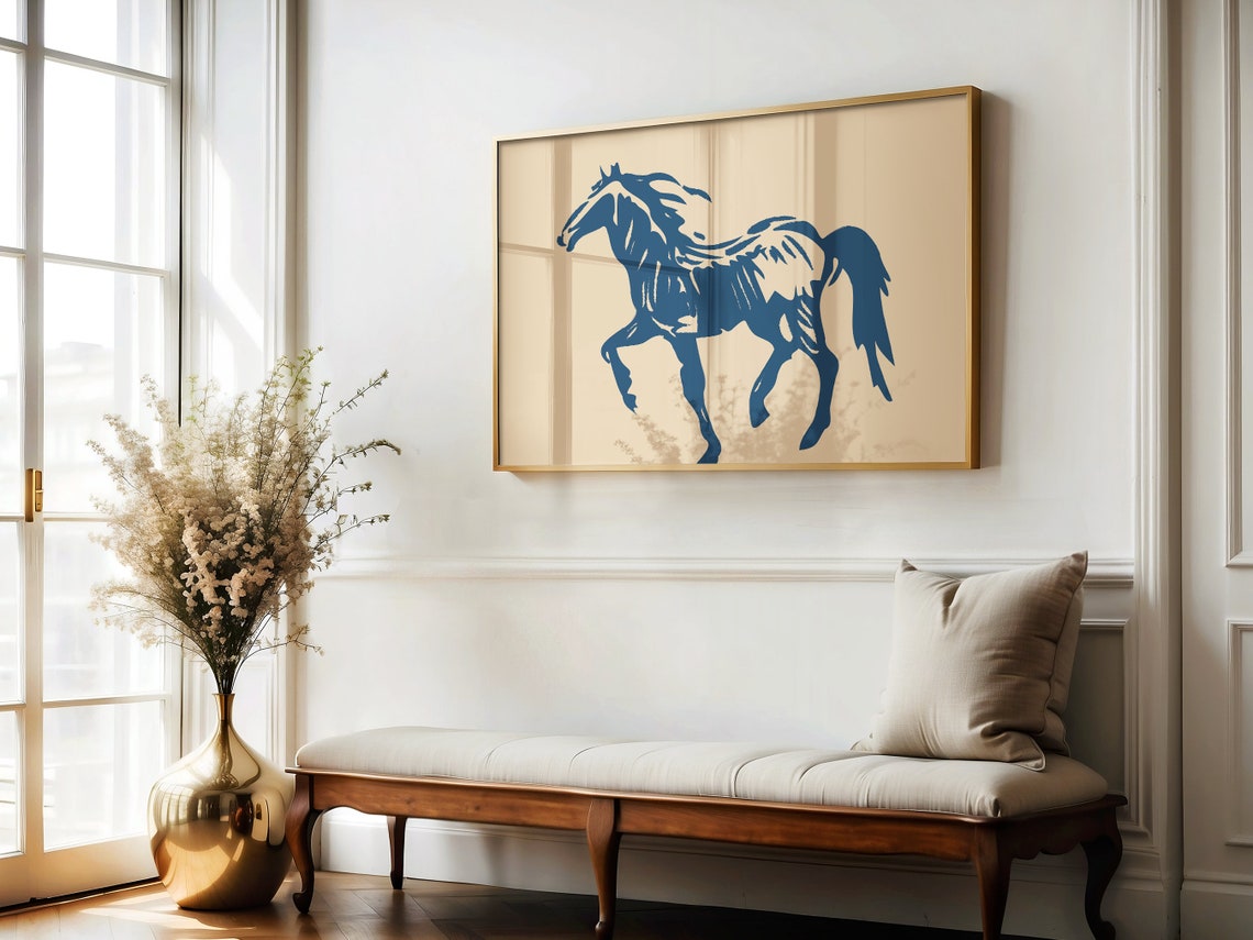 Navy Blue Horse Gallop Sketch Minimalist Western Equine Wall Art Print - Image 2