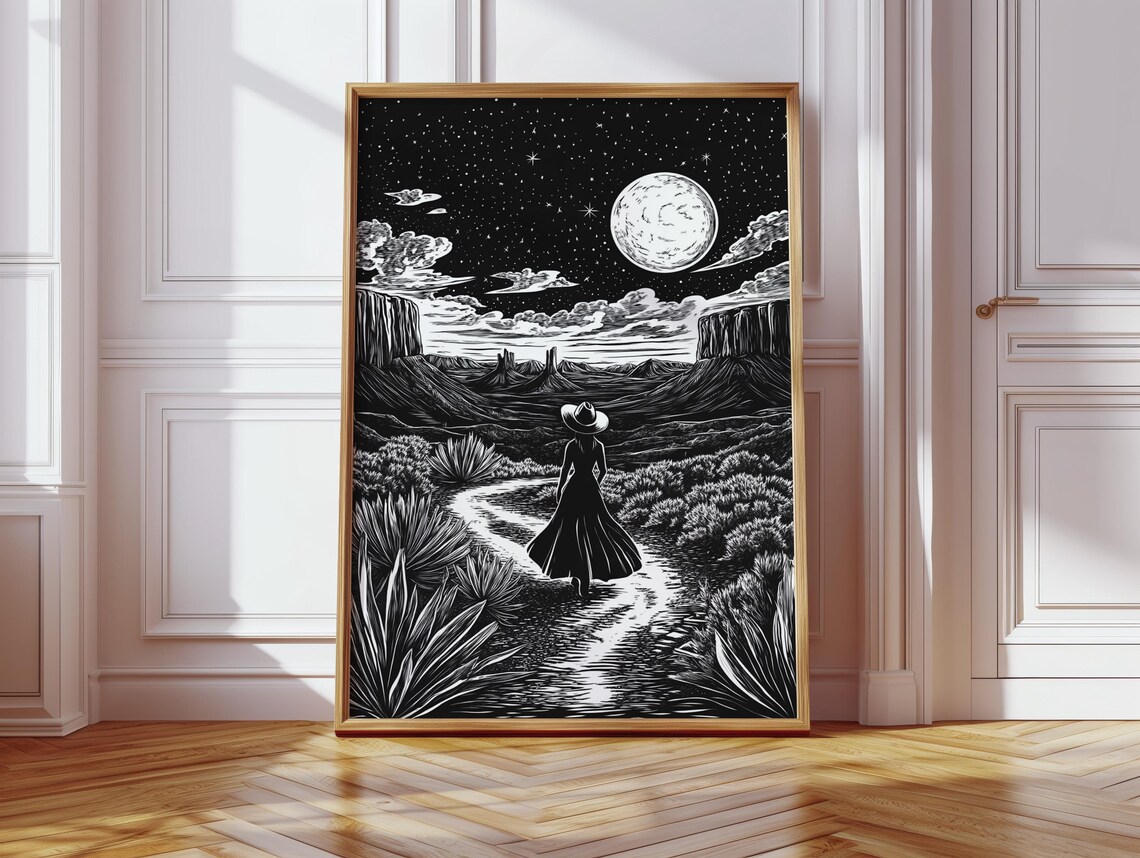 Cowgirl Desert Night Walk, Western Moonlit Landscape Print - Image 5