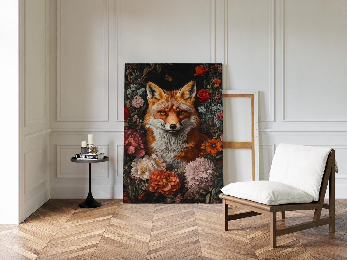 Red Fox Floral Portrait Wildflower Dark Botanical Rustic Nature Poster - Image 3