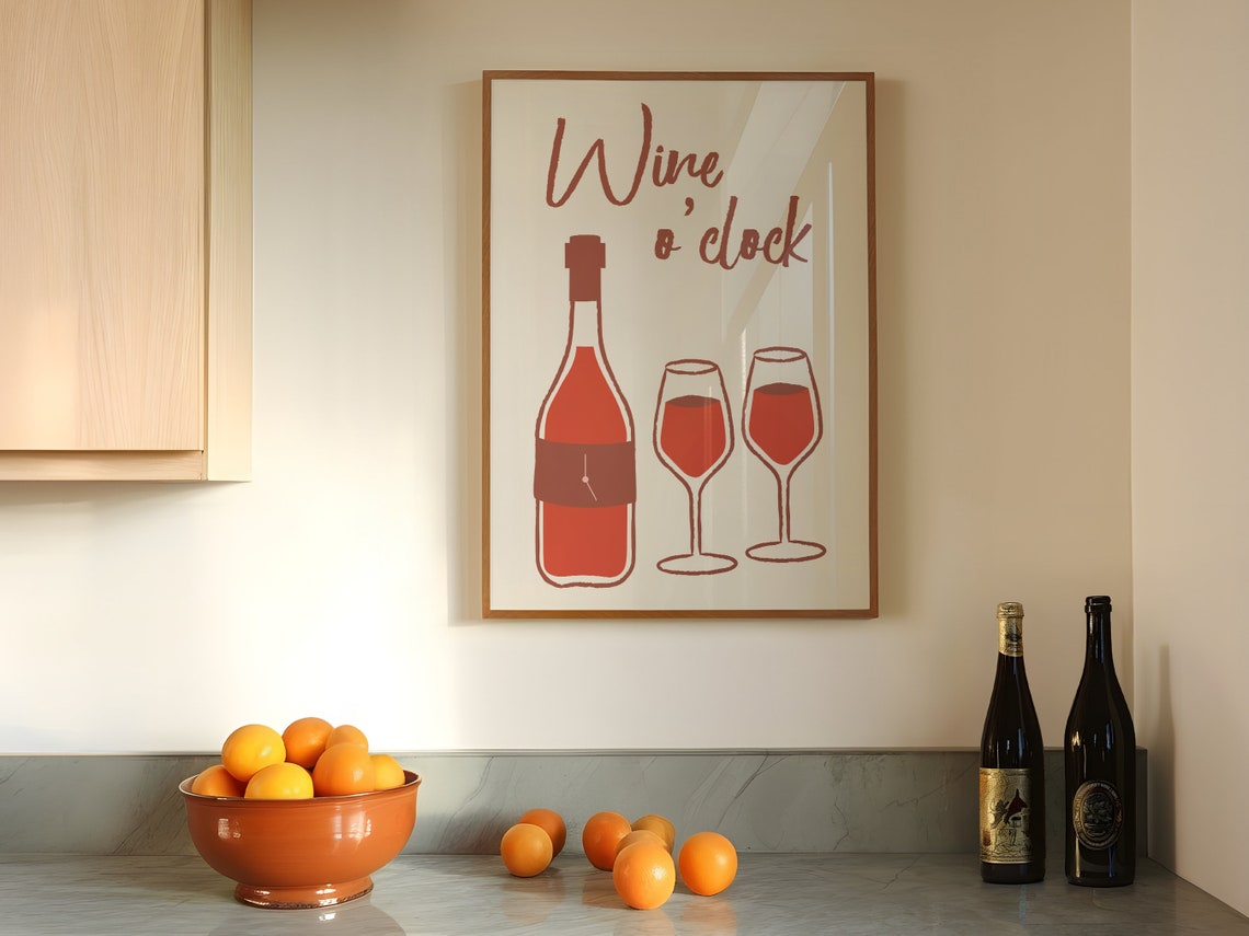 Wine O Clock Hand Lettered Bar Kitchen Quote Typography Poster - Image 2