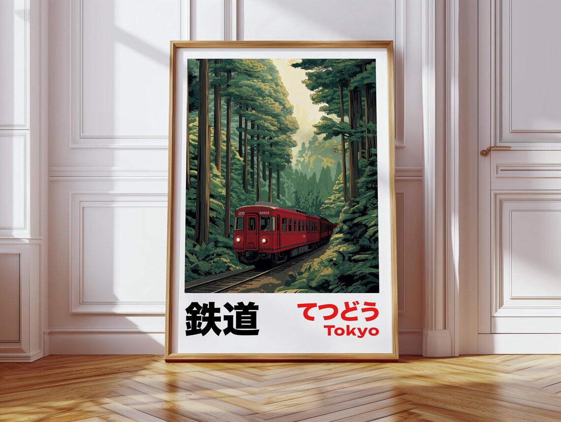 Vintage Japanese Railway Print, Scenic Forest Train - Image 2