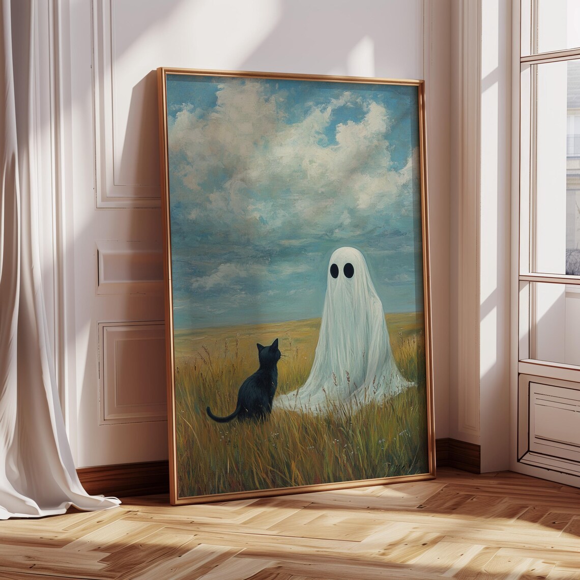 Ghost And Black Cat In Field, Spooky Autumn Landscape