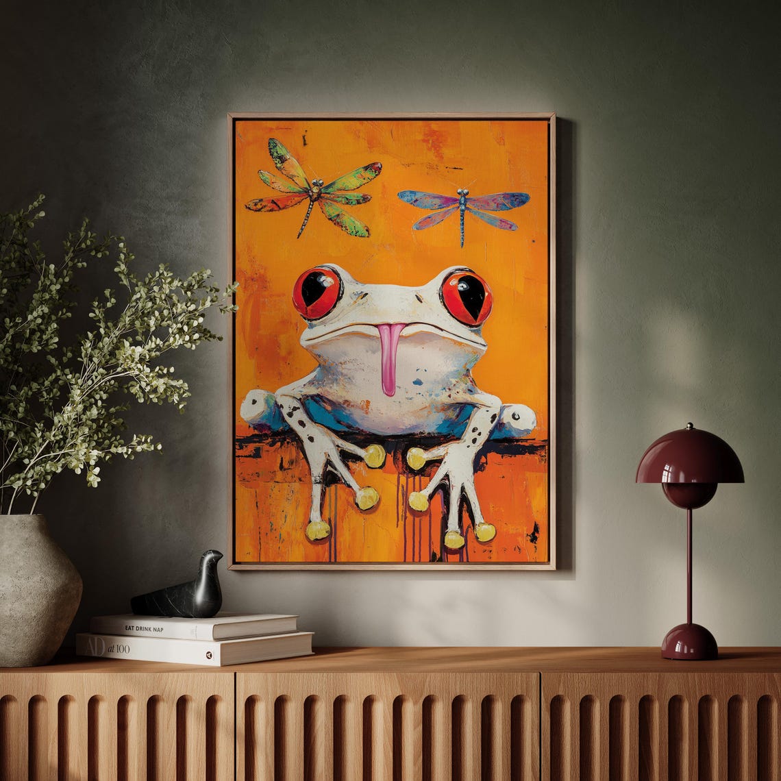 Colorful Tree Frog Dragonflies Pop Art Orange Background Whimsy Poster - Image 3