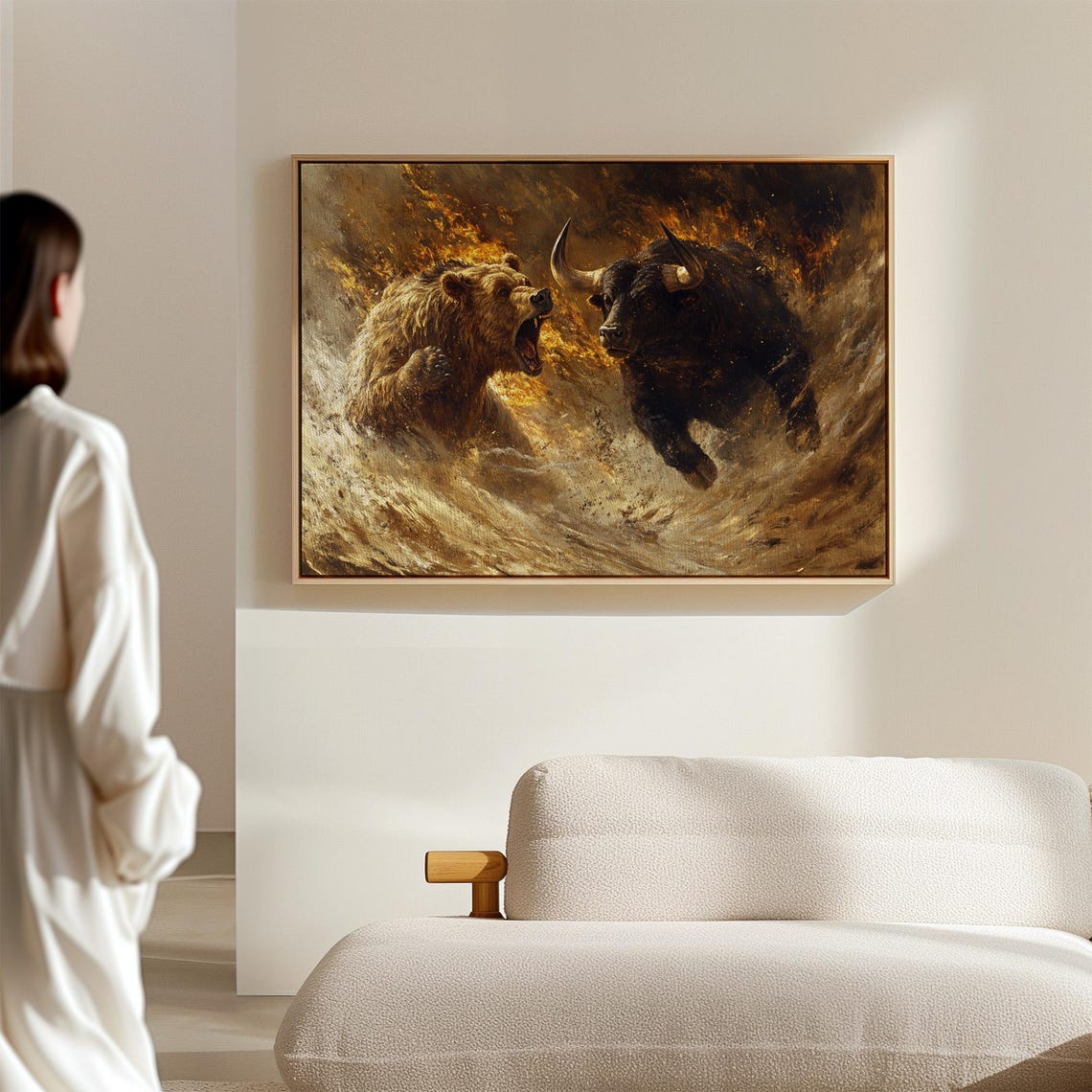 Bear And Bull Clash Dramatic Golden Stock Market Battle Art Print - Image 2
