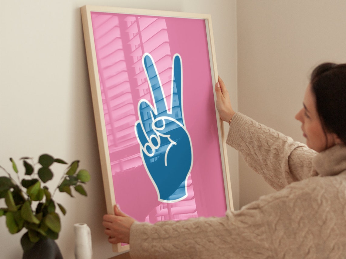 Blue Peace Sign Hand Vibrant Hot Pink Pop Art Statement Poster - Image 2