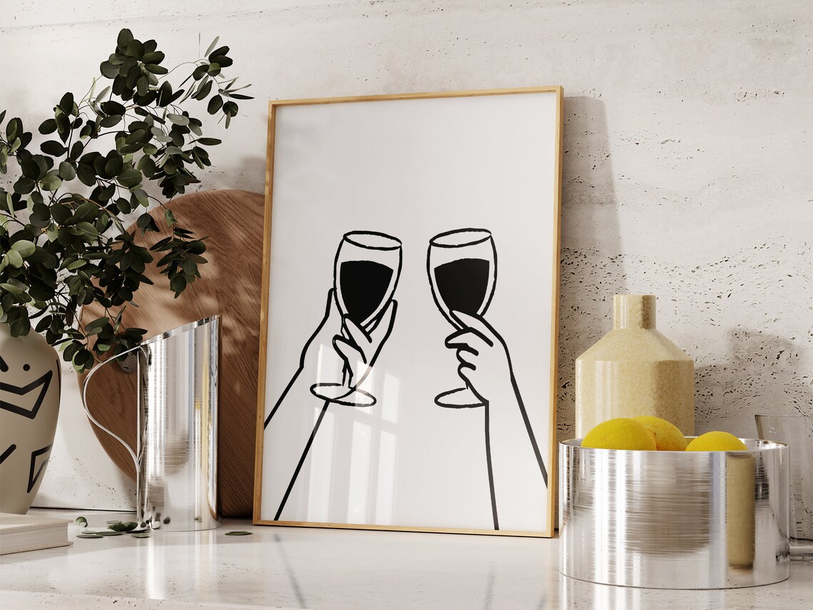 Red Wine Toast Cheers Hands Minimalist Line Art Kitchen Bar Wall Art Print