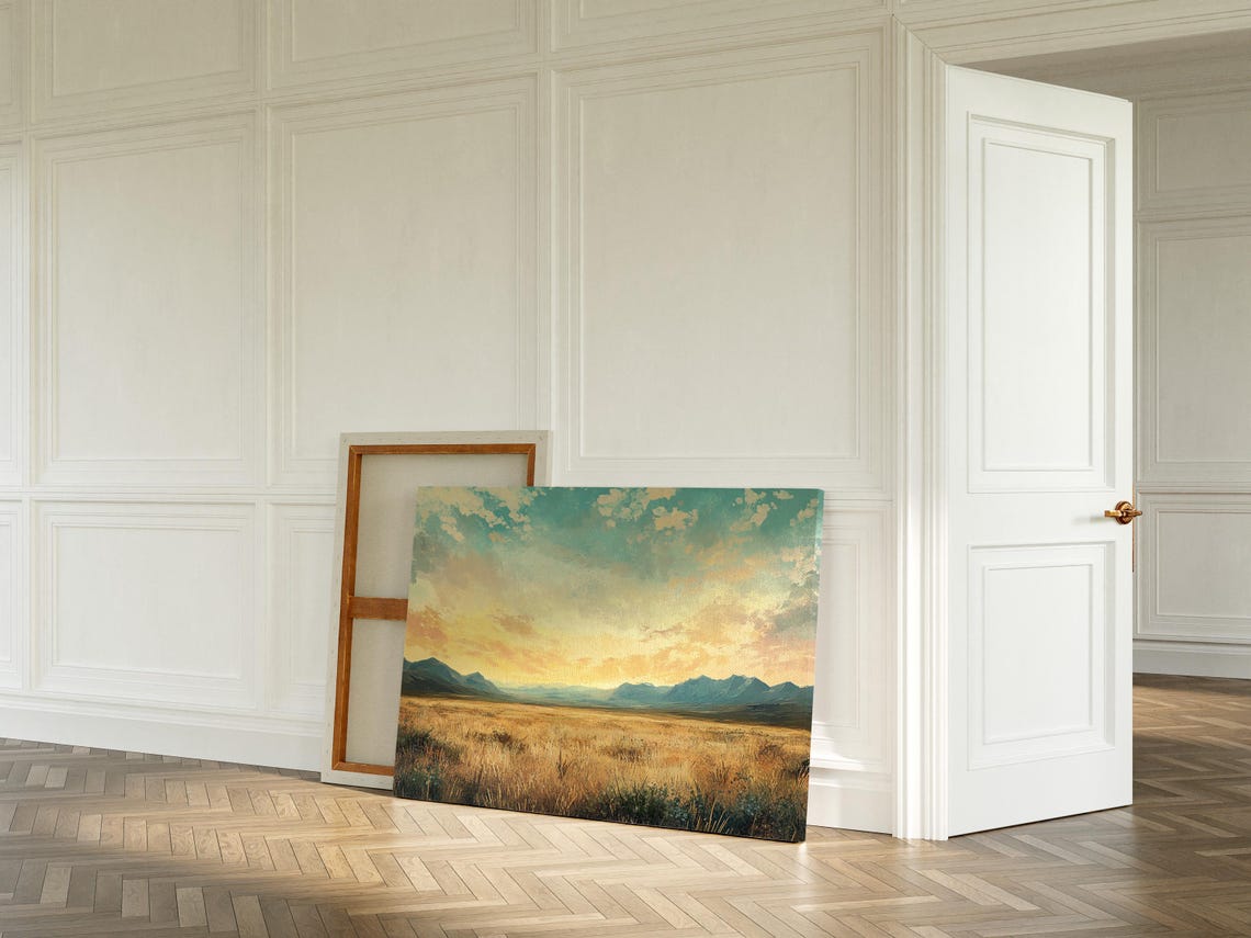Golden Sunset Over Mountain Range In Serene Prairie Landscape Wall Art Print - Image 2
