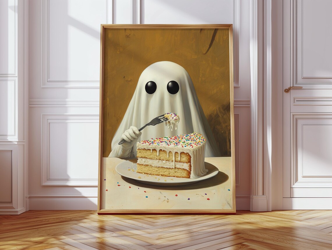 Cute Ghost Eating Cake, Funny Halloween Dessert