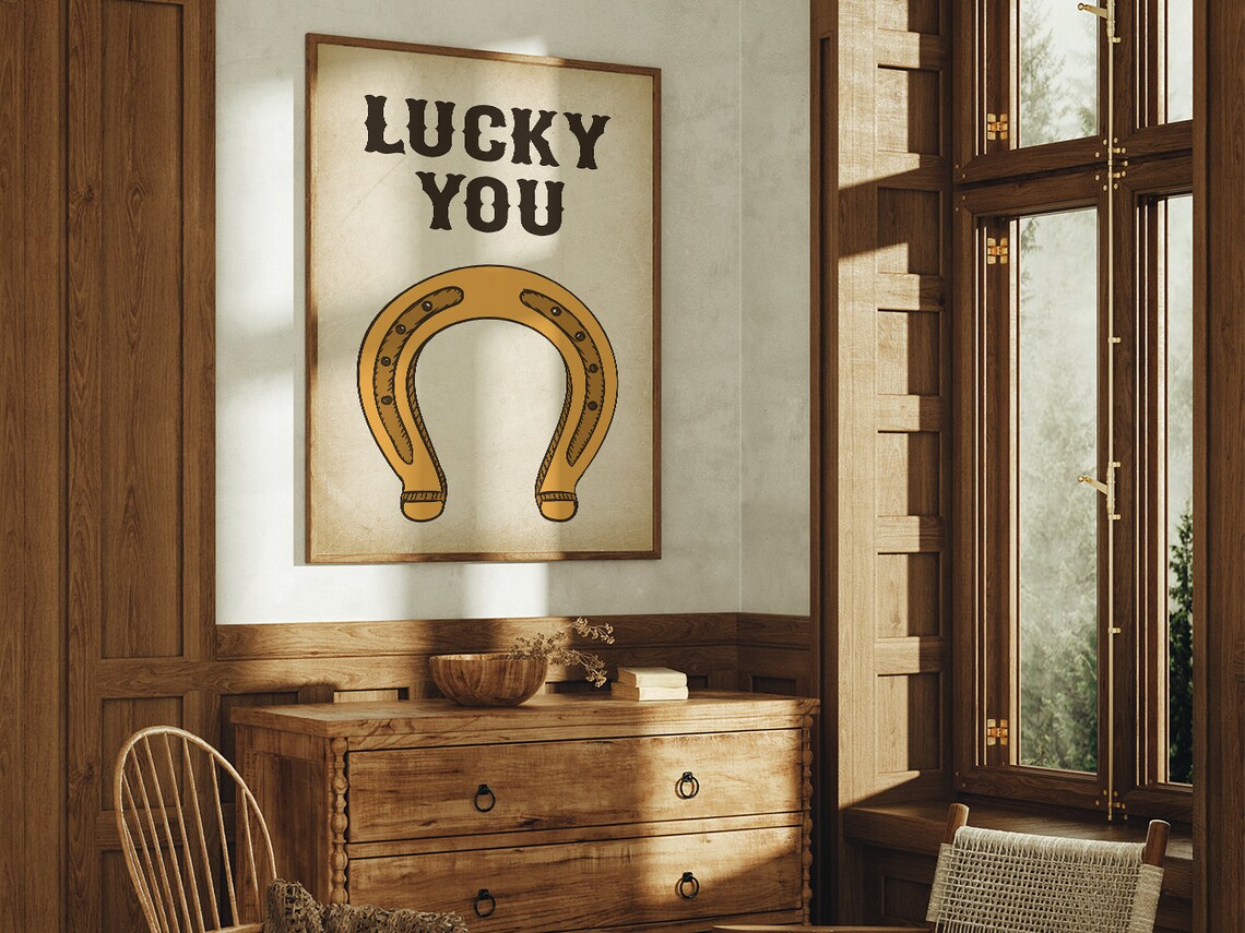 Lucky You Horseshoe Western Vintage Typography Cream Positive Art Poster - Image 4