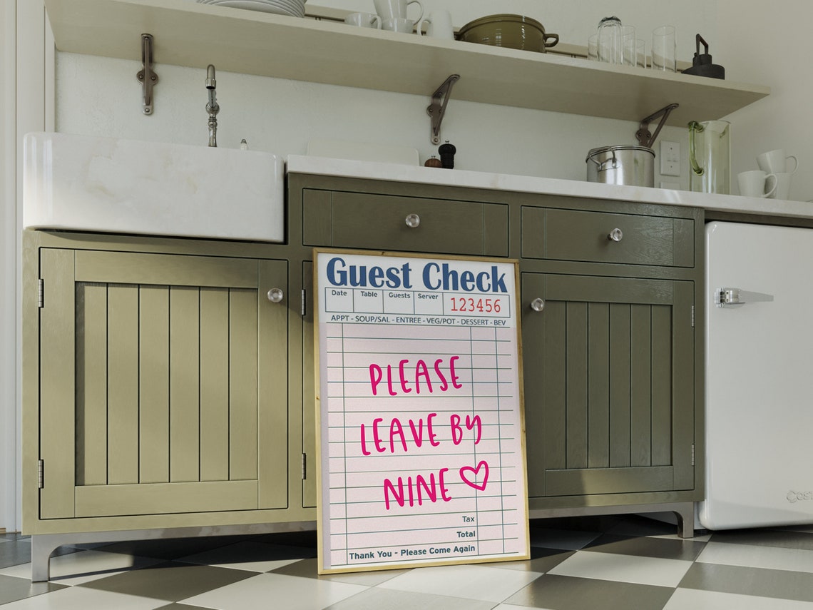 Please Leave By Nine Heart Guest Check Pink Kitchen Wall Art - Image 2