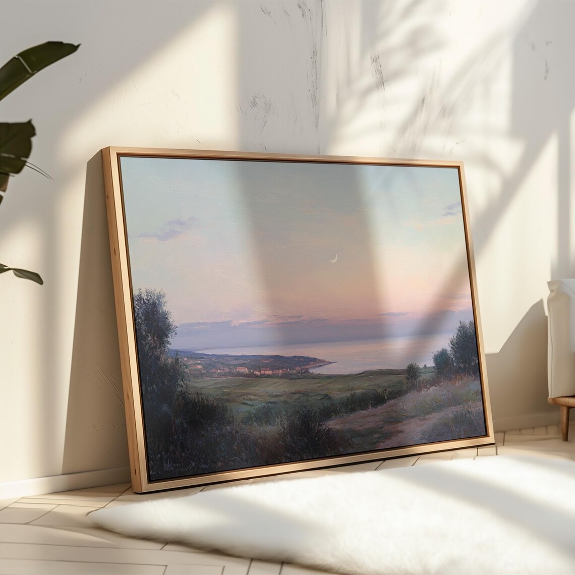 Moonlit Coastal Landscape, Tranquil Evening Sky Art Print - Image 4
