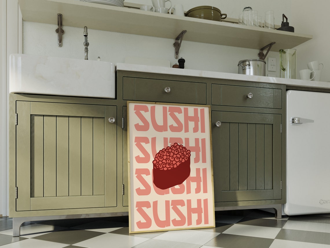 Salmon Roe Gunkan Sushi Retro Pink Typography Kitchen Wall Art - Image 2