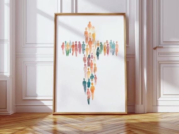 Watercolor Cross Made Of People Print Christian Faith Art Inspirational Minimalist Wall Decor For Church Home Or Prayer Room