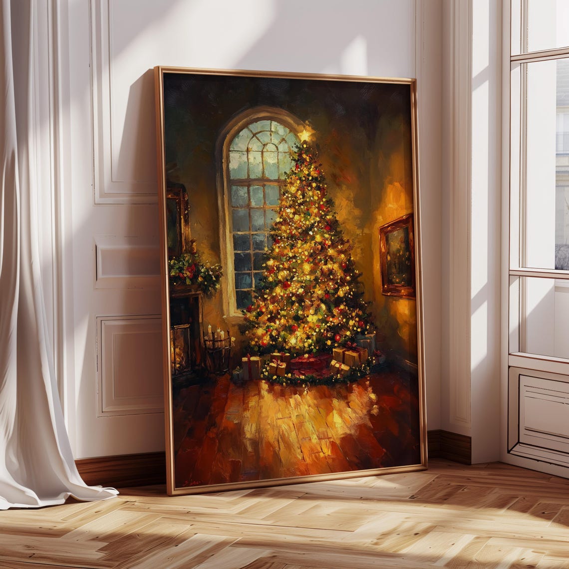 Glowing Christmas Tree By The Fireplace Cozy Holiday Living Room Scene With Lights Gifts Garland In Oil Painting Style Print