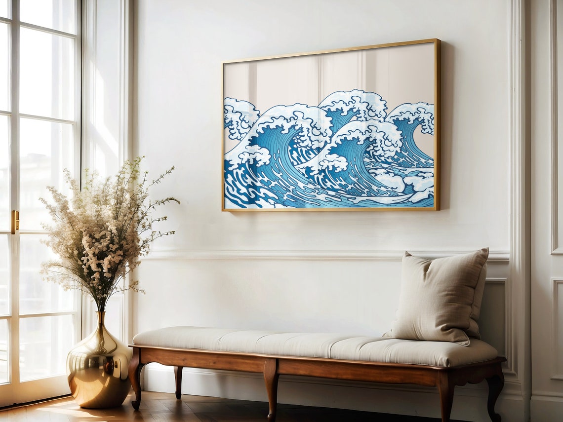 Japanese Great Wave Style Blue Crashing Surf Beige Boho Ocean Poster - Image 2