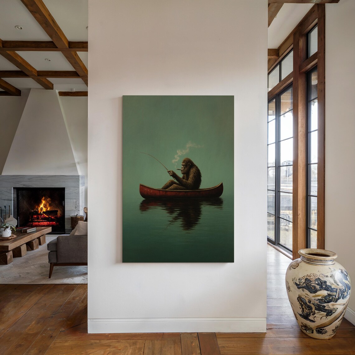 Fishing Ape Art Print, Surreal Moody Lake Scene - Image 5