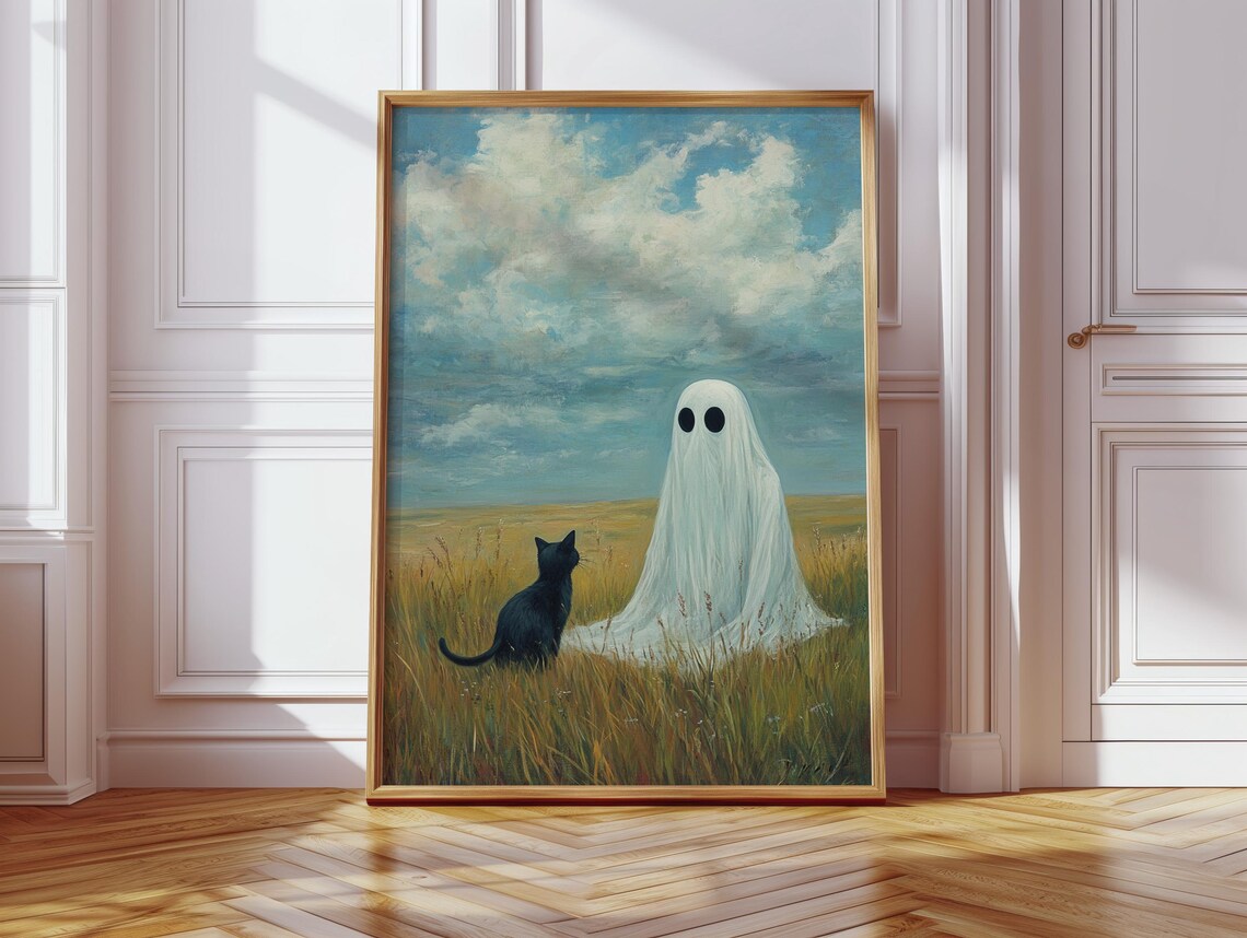Ghost And Black Cat In Field, Spooky Autumn Landscape - Image 2