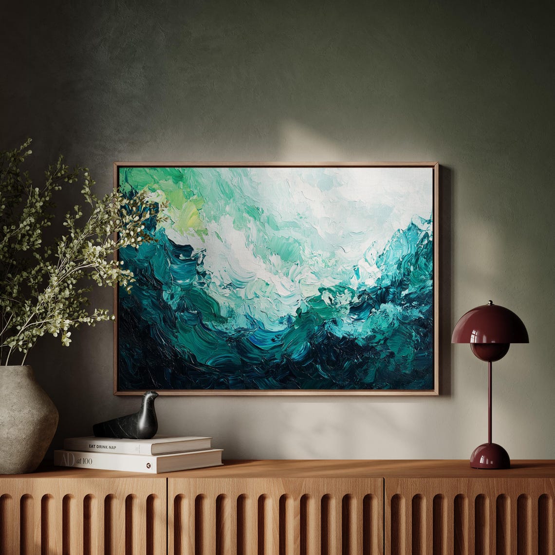Emerald Ocean Waves Textured Abstract Palette Knife Coastal Art Print - Image 3